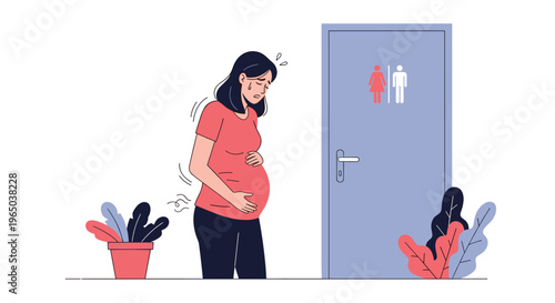 Pregnant woman suffering from back pain and morning sickness standing near a bathroom door in a modern interior setting.