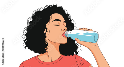 Young woman with curly hair closing her eyes while drinking refreshing water from a glass bottle to stay hydrated.