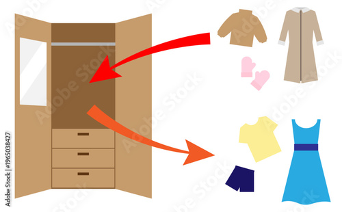 冬から夏への衣替えで衣装を入れ替えしている図のイラスト