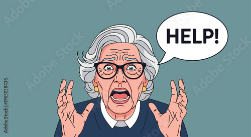Panicked elderly woman with white hair and glasses screaming for help with a large speech bubble on a grey background.