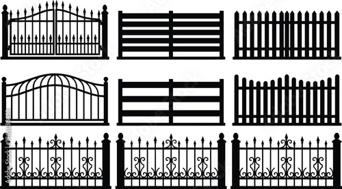 Fence and gate silhouette set, wooden and metal barriers collection, garden and security design elements, black vector illustration bundle