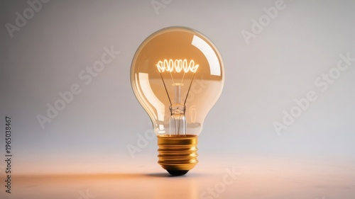 Glowing vintage incandescent light bulb with a visible spiraled filament illuminates a soft surface in a close up studio shot symbolizing innovation and bright ideas.