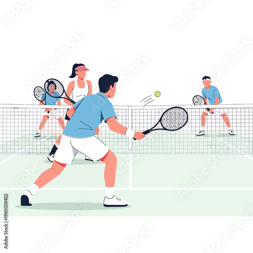 Diverse Group Playing Tennis Match on Outdoor Court