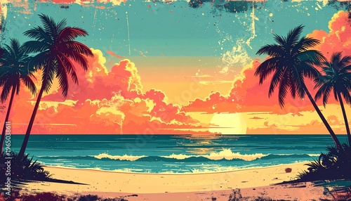 Vibrant tropical beach sunset concept with a retro-inspired aesthetic, showcasing warm, glowing skies, tranquil ocean waves, and classic silhouetted palm trees creating an idyllic escape