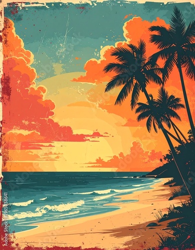 Retro style illustration of a tranquil tropical beach at sunset, with silhouetted palm trees standing tall against a vibrant, fiery sky and gentle ocean waves