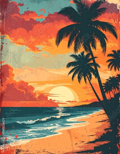 Vintage Sunset Over Tropical Beach with Palm Trees and Ocean Waves, Retro Beach Sunset Vibes