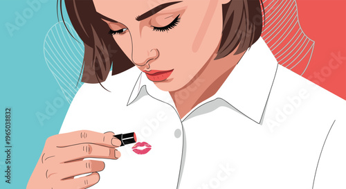 Shocked woman looking down at her white button-down shirt which has a bright red lipstick kiss mark on it.