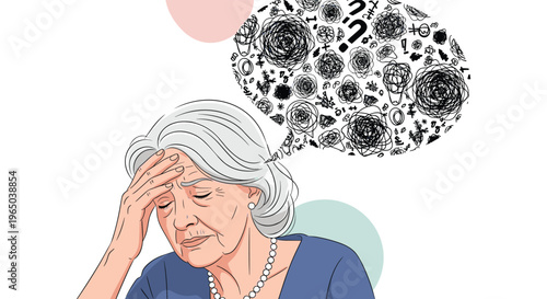 Elderly woman with grey hair suffering from memory loss or confusion with a thought bubble filled with tangled scribbles.