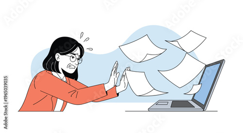 Stressed woman trying to stop many white papers from flying out of her laptop screen in a busy office environment.