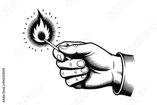 Black and white of a hand holding a lit match with visible flames