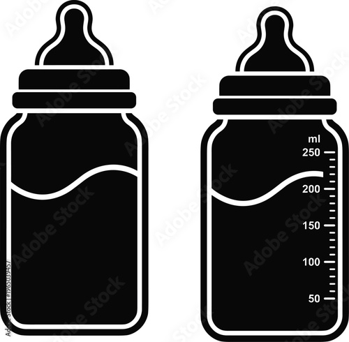 Baby bottle icon set featuring silhouettes with milk and measurement scale, perfect for childcare, infant feeding, and newborn nursing designs.