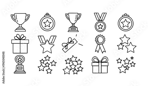 A set of black line art icons depicting various awards and prizes, including trophies, medals, stars, and gift boxes.