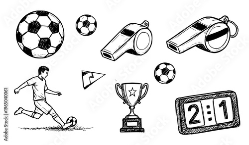 A black and white vector illustration of various soccer themed icons including a player kicking a ball, trophy, whistles, and scoreboard.