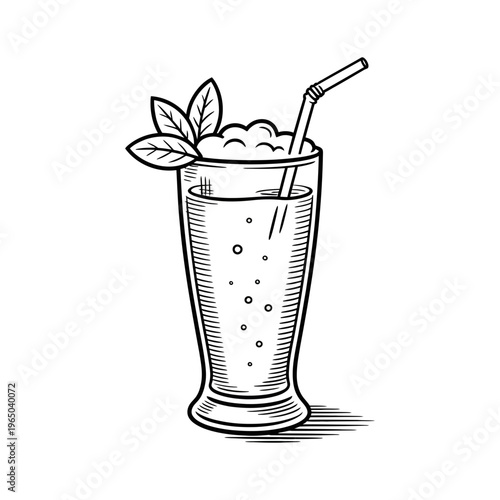 A glass soda illustration with a straw and leaves on top