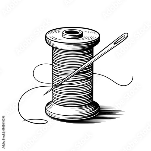A spool of thread with a needle on a white background