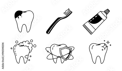 A set of six dental care icons including teeth and toothbrushes in a minimalist line art style