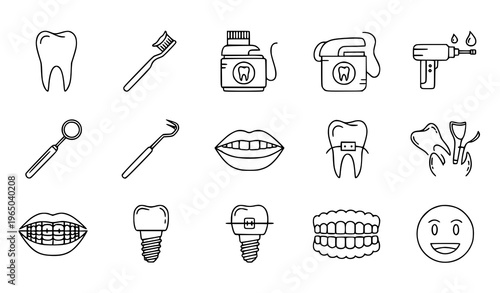 A set of dental icons including teeth, toothbrushes, and dental tools in a flat, minimalist design style.