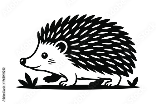 Black and white of a hedgehog with spiky quills standing on the ground