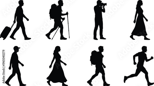 Diverse set of silhouettes featuring people traveling with luggage, hiking with poles, taking photos, running, and walking in casual summer clothing.