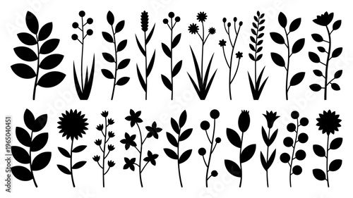 Black floral silhouettes on white background flower icons botanical illustrations