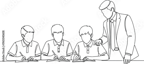 Teacher instructing students during a lesson, continuous one line drawing.
