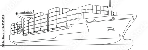 Container ship in minimalist line art style, loaded with cargo containers.