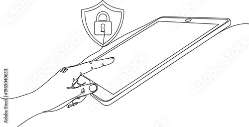 Hand holding tablet with shield and lock symbol for digital security and privacy.