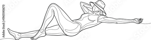 Continuous line drawing of a woman in a hat lounging on a beach in a relaxed pose on a checkered background.
