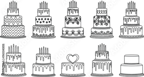 Set of birthday cake silhouettes, tiered celebration cakes with candles, floral patterns, heart topper, and dripping icing vector illustrations for Adobe Stock.