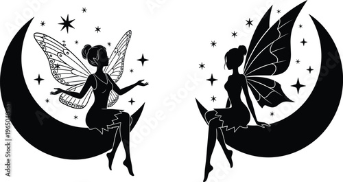 Two fairies with wings sitting on crescent moon under starry night sky, fantasy illustration.