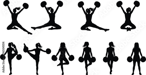Set of cheerleaders silhouettes performing different poses with pom-poms isolated on transparent background.