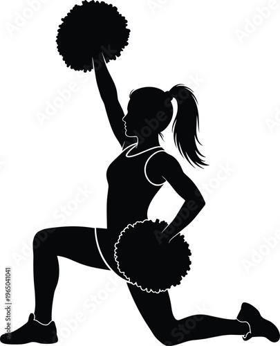 Silhouette of a single cheerleader performing a dynamic lunge pose with pom-poms, isolated.