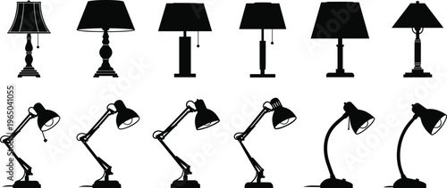 Collection of table lamp silhouettes in various styles, top and desk lamps included.