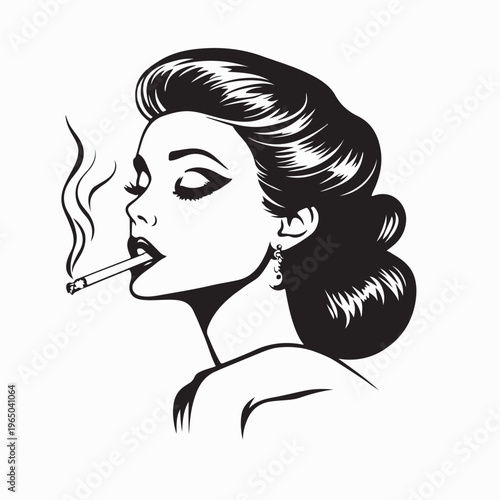 Glamorous Female Character Holding Cigarette Vintage Style Vector