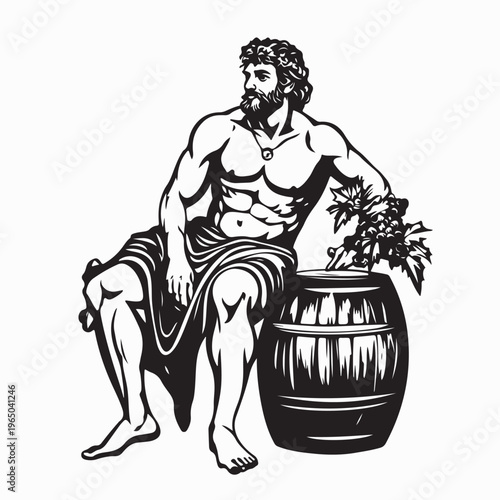 Mythological Bacchus Figure with Grapes and Wine Barrel Vector