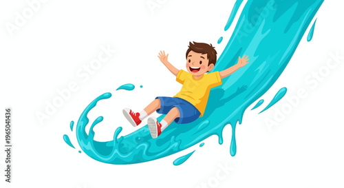 Happy Boy Sliding Down Water Slide, Summer Fun, Water Splash