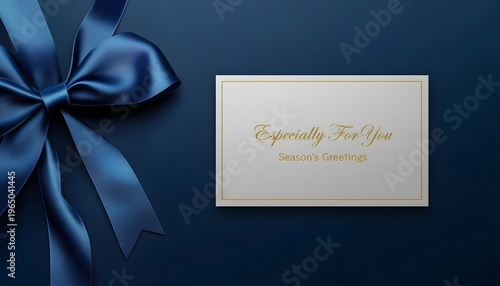 A white gift card with a blue ribbon on a dark blue background for seasonal greetings and presents