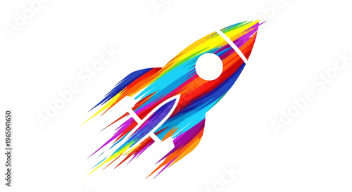Colorful Rocket Ship Launching Abstract Paint Brush Strokes