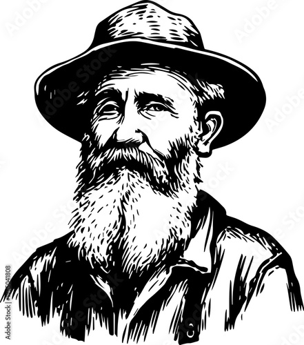 Hand Drawn Elderly Farmer Man Black and White Illustration in Minimal Solid Art Style Design