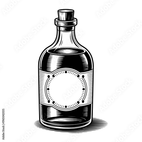 A bottle illustration with a blank label and stopper on top