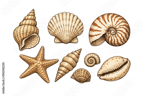 Collection of hand drawn blue outline seashells and starfish on a cream background