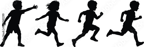 Set of four black silhouettes of happy children running and playing together outdoors isolated on a plain white background