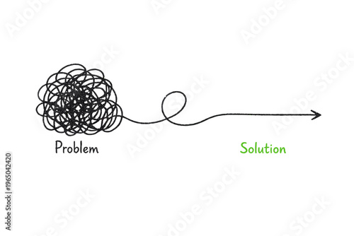 Problem solution concept. Messy tangled scribble simplifying process. Crayon textured continuous one line from complicated chaos to easy simple. Vector illustration