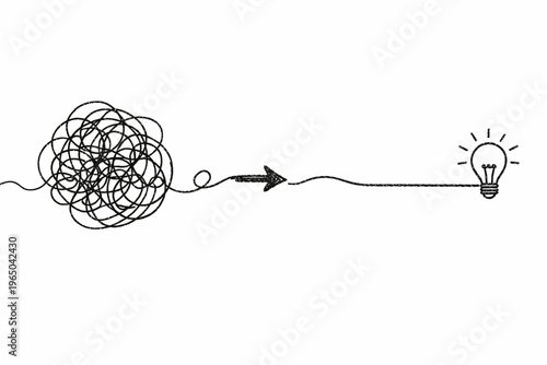 Crayon textured continuous one line from complicated chaos to easy simple. Vector illustration 
