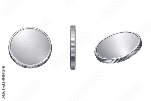 3d realistic empty silver coin rotating animation. Money cash for gambling games, treasure, finance or casino jackpot concept. Silver coins currency top, side and perspective view vector set