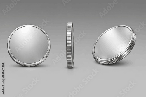 3d silver coins animation. Metal money rotation in different positions. Flip coins vector set isolated on white background. Payments, investment, banking, finance, casino, game icons.