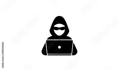 Hacker icon with hooded laptop silhouette representing cyber crime security threat flat vector design