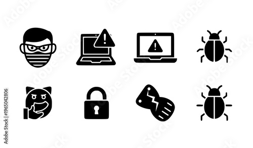 Cyber security hacker icon set with malware phishing and data breach symbols in solid vector style