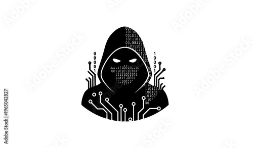 Abstract hacker icon with hooded silhouette and digital cyber elements representing online threat concept