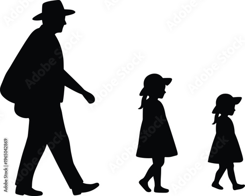 Father and two daughters walking, silhouette family journey, fatherhood, childhood moments, family connection, father and children, walking together